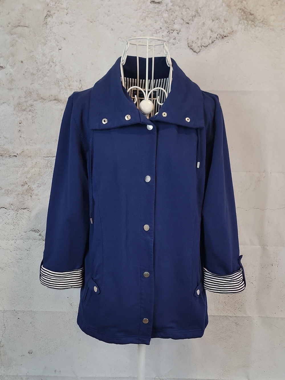 Karen Scott Striped-Cuff Lining Navy Blue Sports Jacket Casual Womens Size M